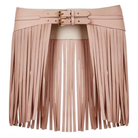 BCBG Max Azria Fringe Belt Small Faux Leather Fringe Belted Skirt Overlay Nude - Picture 3 of 10